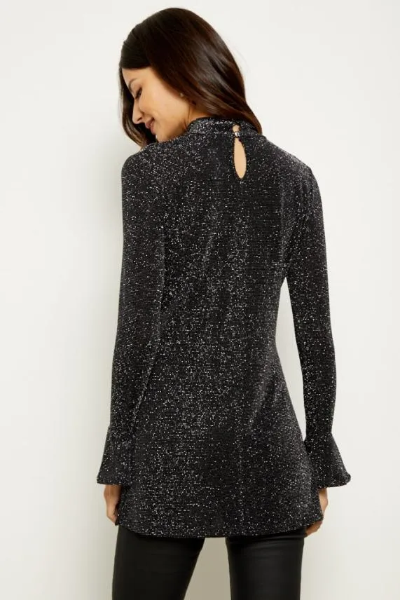 Sosandar Pewter Metallic Fluted Sleeve Top Women Tops