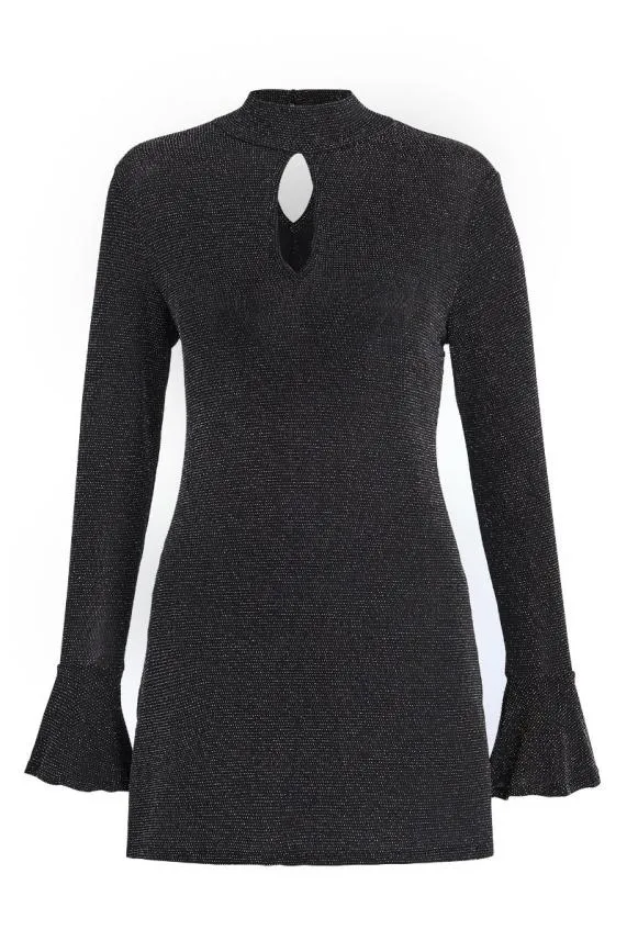 Sosandar Pewter Metallic Fluted Sleeve Top Women Tops