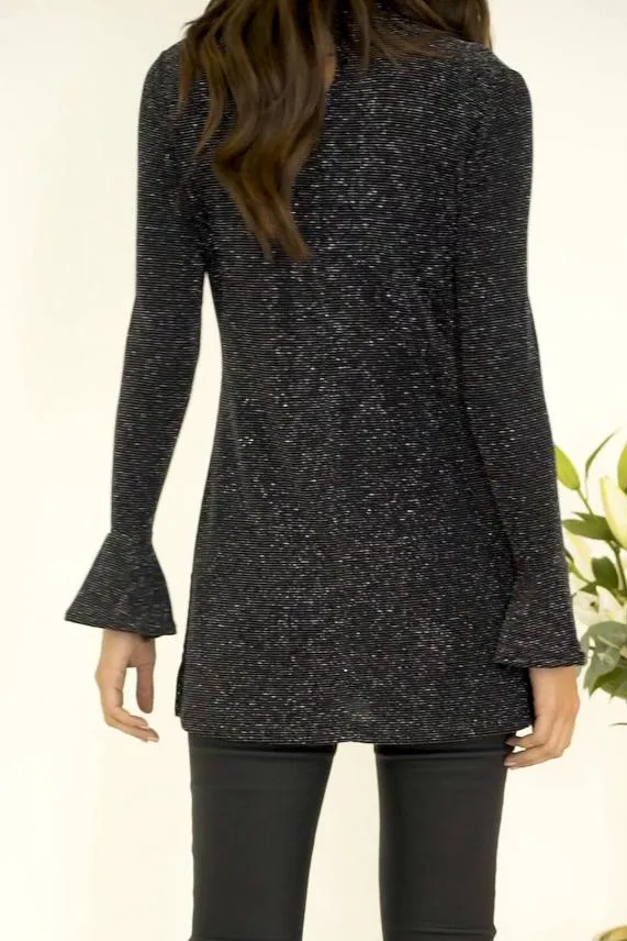 Sosandar Pewter Metallic Fluted Sleeve Top Women Tops