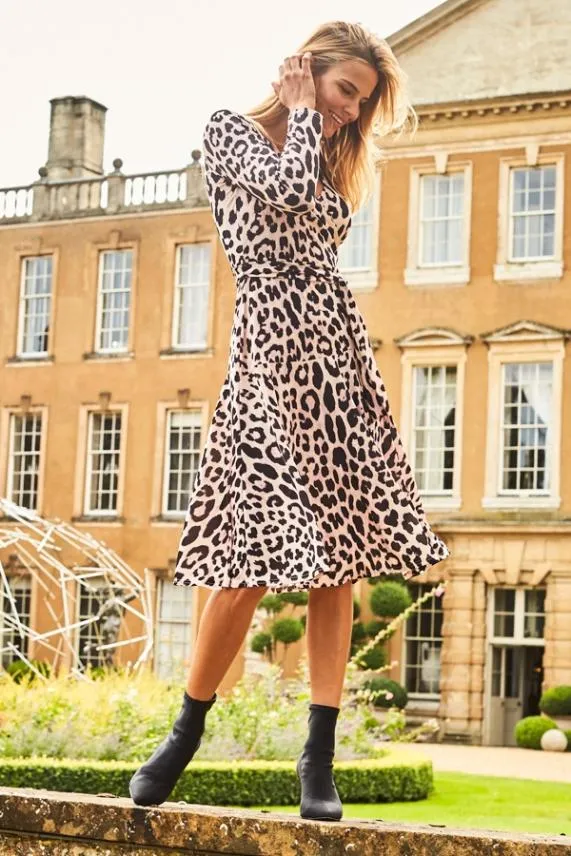 Sosandar Pink and Black Animal Print Faux Wrap Midi Dress Pink Black Women Dresses
