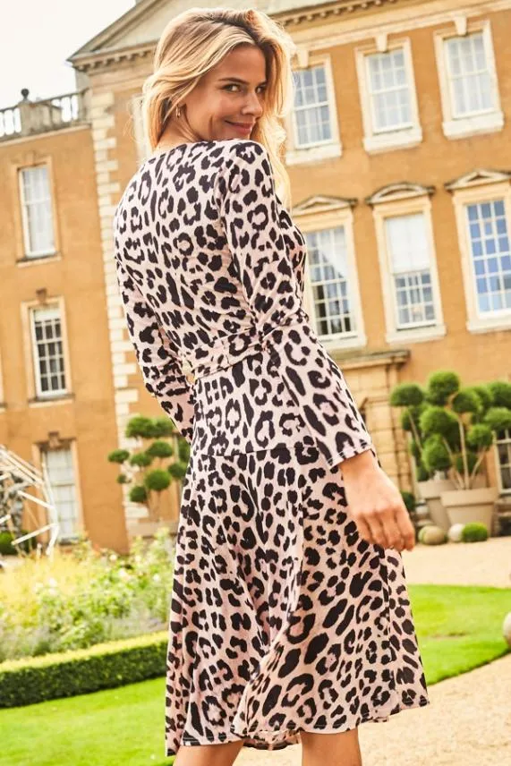 Sosandar Pink and Black Animal Print Faux Wrap Midi Dress Pink Black Women Dresses
