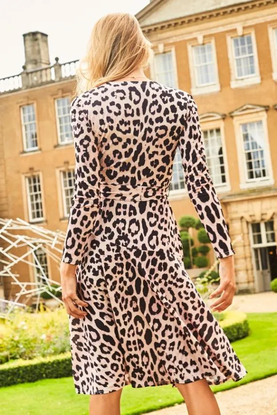 Sosandar Pink and Black Animal Print Faux Wrap Midi Dress Pink Black Women Dresses