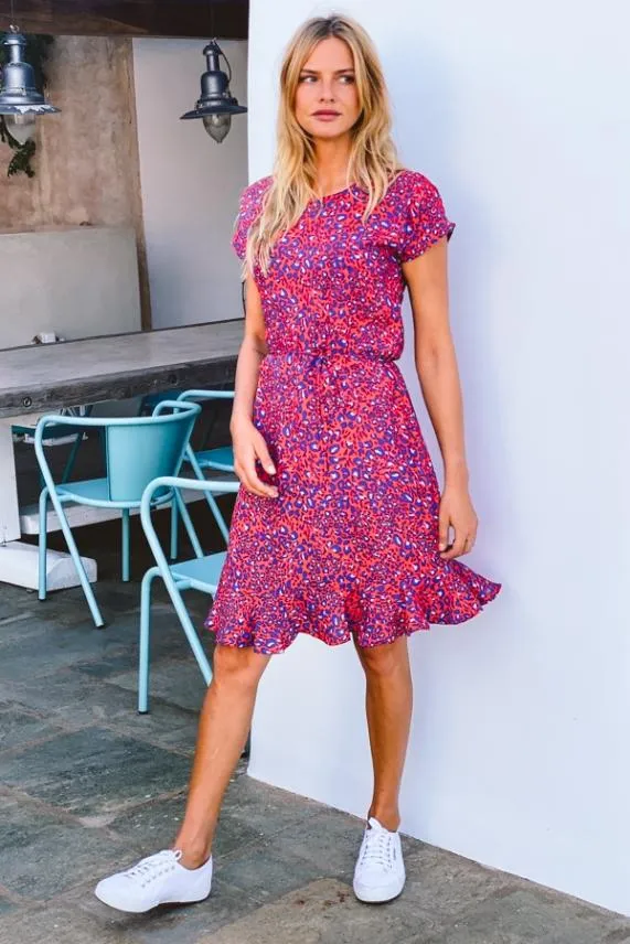Sosandar Pink Animal Print Ruffle Hem Tie Waist Dress Women Dresses