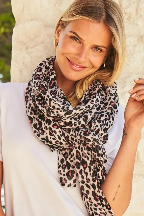 Sosandar Pink Leopard Print Scarf Women Hats Scarves and Gloves