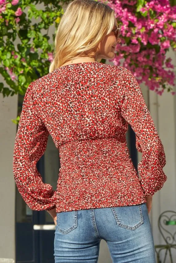 Sosandar Red and Black Animal Print Ruched Front Top Red Black Women Tops