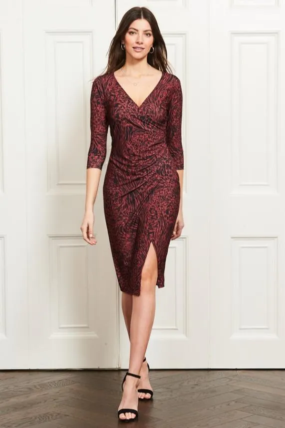 Sosandar Red and Black Animal Print Stretch Wrap Front Dress Red Black Women Dresses Sosandar Red and Black Animal Print Stretch Wrap Front Dress Red Black Women Dresses