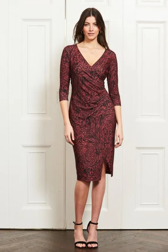 Sosandar Red and Black Animal Print Stretch Wrap Front Dress Red Black Women Dresses