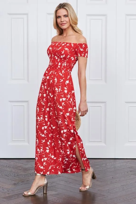 Sosandar Red and White Bird Print Maxi Dress Red White Women Dresses