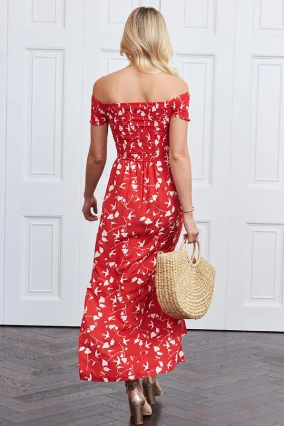 Sosandar Red and White Bird Print Maxi Dress Red White Women Dresses