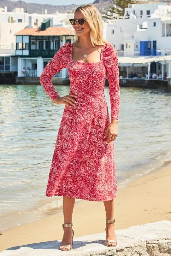 Sosandar Red and White Confetti Print Square Neck Dress Red White Women Dresses Sosandar Red and White Confetti Print Square Neck Dress Red White Women Dresses