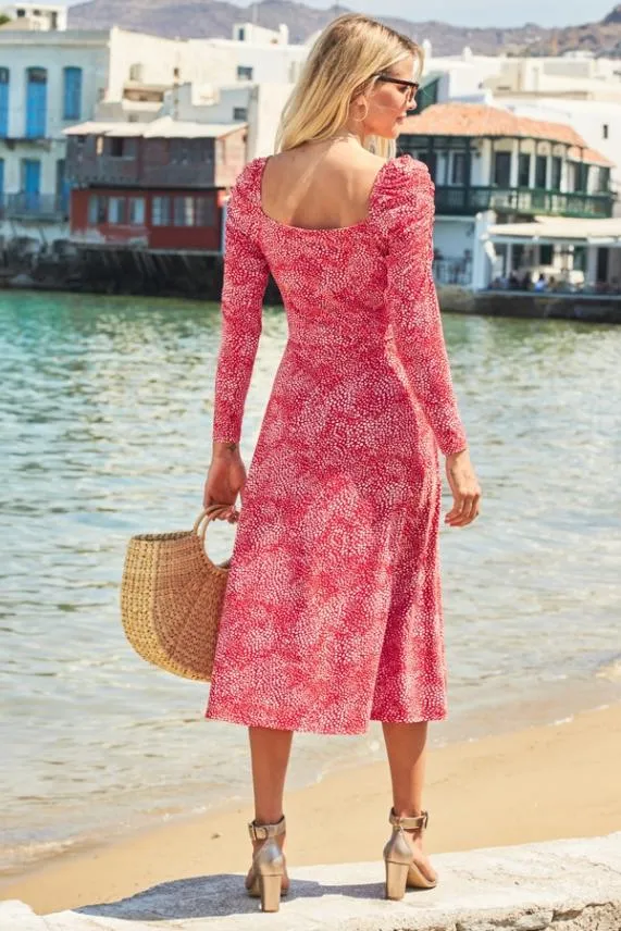 Sosandar Red and White Confetti Print Square Neck Dress Red White Women Dresses
