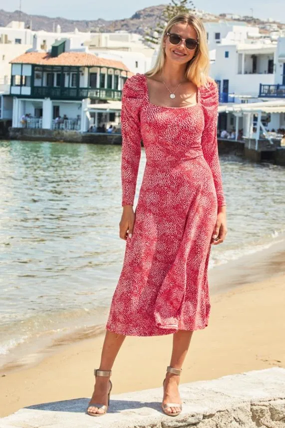 Sosandar Red and White Confetti Print Square Neck Dress Red White Women Dresses