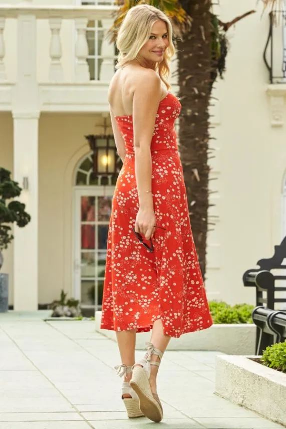 Sosandar Red and White Ditsy Floral Print Ruched Front Bandeau Dress Red White Women Dresses
