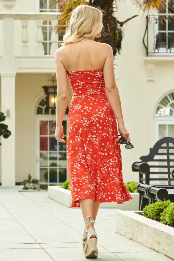 Sosandar Red and White Ditsy Floral Print Ruched Front Bandeau Dress Red White Women Dresses