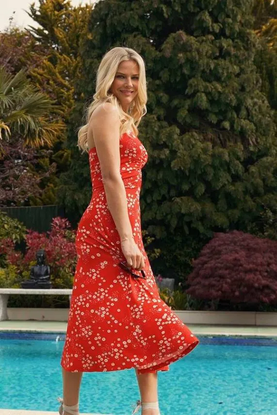 Sosandar Red and White Ditsy Floral Print Ruched Front Bandeau Dress Red White Women Dresses