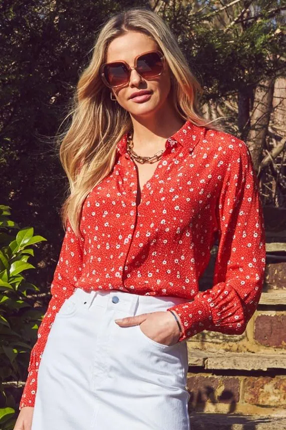 Sosandar Red and White Ditsy Floral Print Shirt Red White Women Tops
