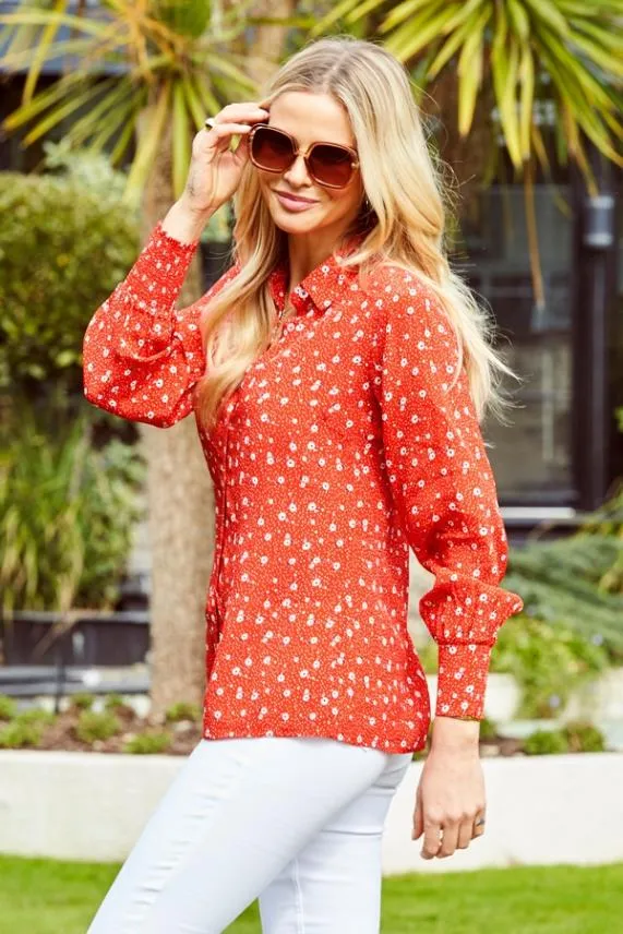 Sosandar Red and White Ditsy Floral Print Shirt Red White Women Tops