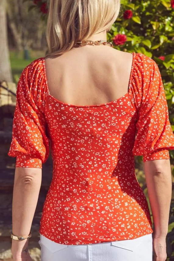 Sosandar Red and White Ditsy Print Sweetheart Neckline Top Red White Women Tops