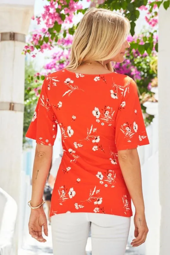 Sosandar Red and White Floral Print Angel Sleeve Twist Front Top Red White Women Tops
