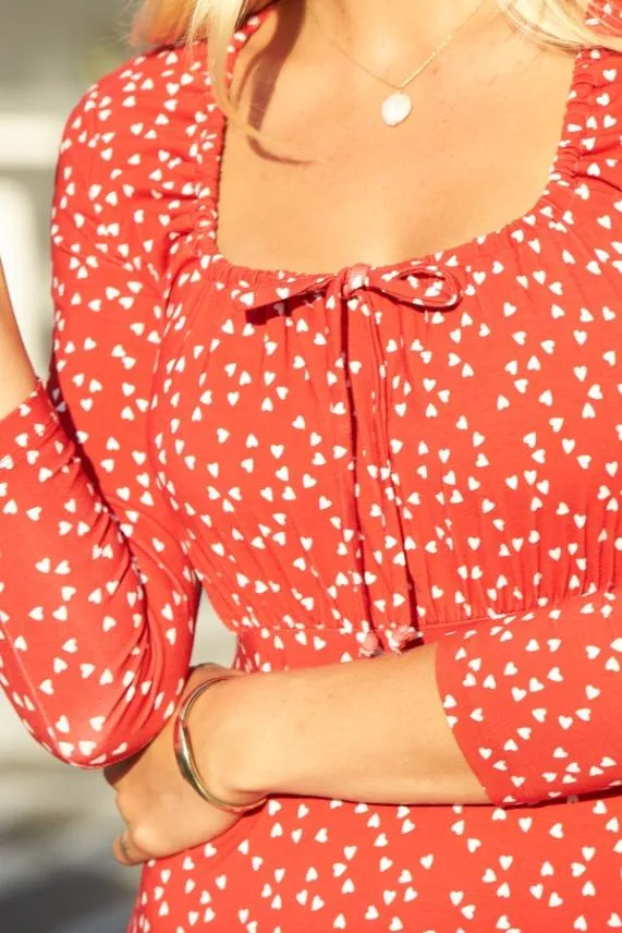 Sosandar Red and White Heart Print Ruched Neck Midi Dress Red White Women Dresses