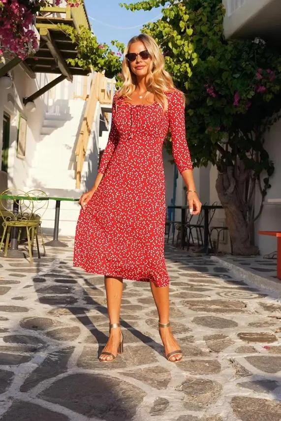 Sosandar Red and White Heart Print Ruched Neck Midi Dress Red White Women Dresses