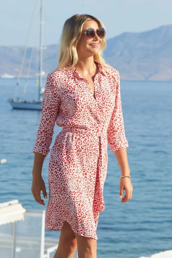 Sosandar Red and White Leopard Print Belted Shirt Dress Red White Women Dresses