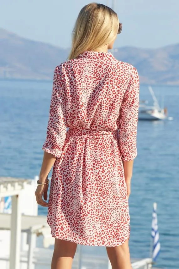 Sosandar Red and White Leopard Print Belted Shirt Dress Red White Women Dresses