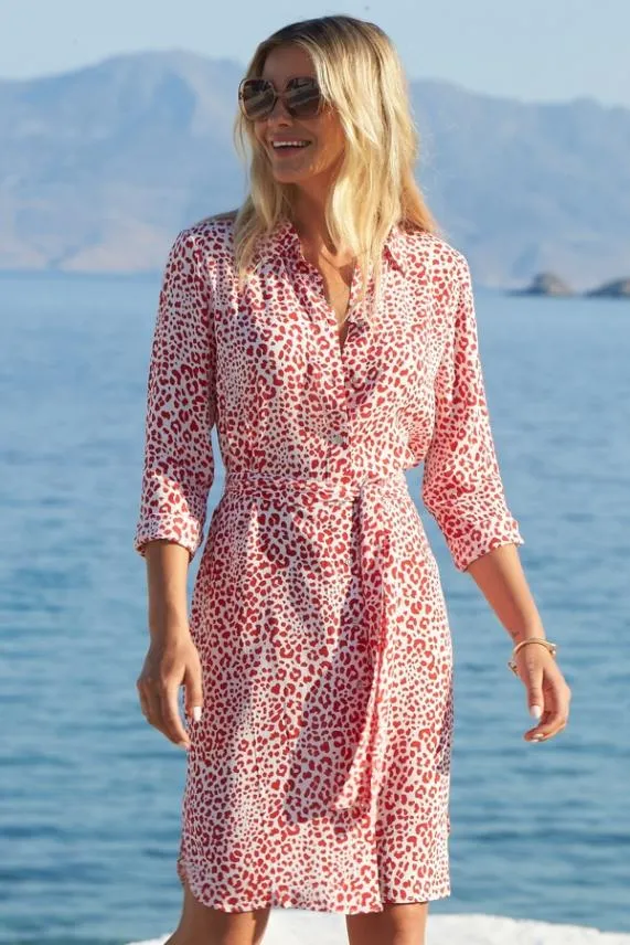 Sosandar Red and White Leopard Print Belted Shirt Dress Red White Women Dresses