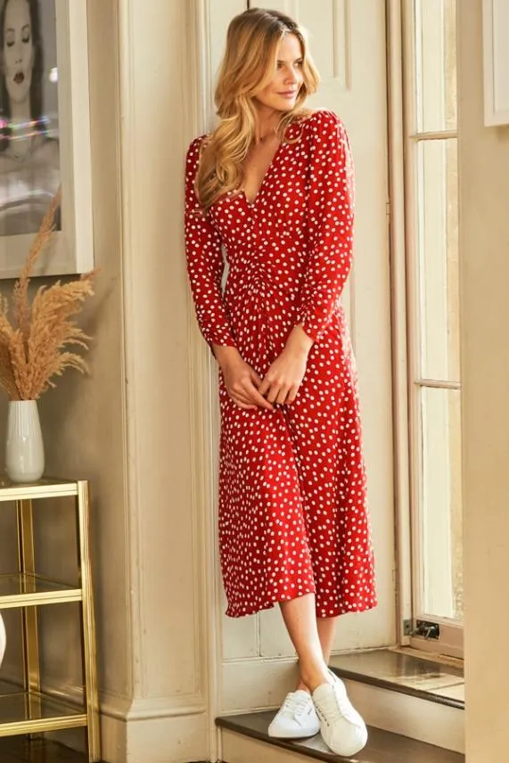 Sosandar Red and White Spot Print Ruched Front Dress Red White Women Dresses