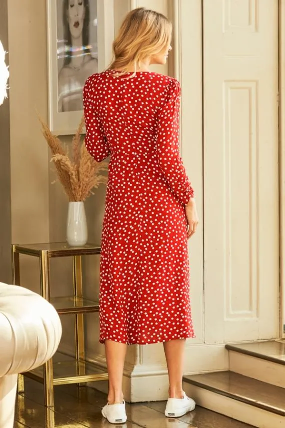 Sosandar Red and White Spot Print Ruched Front Dress Red White Women Dresses