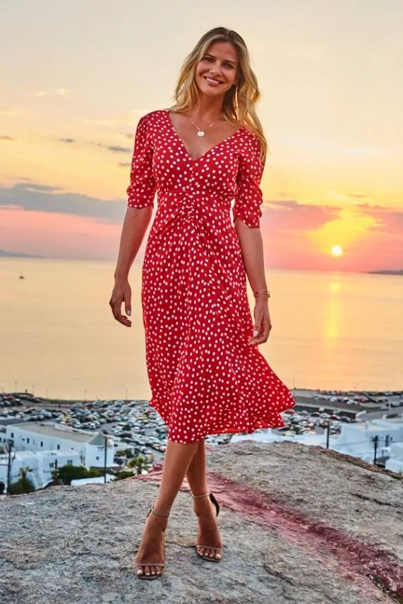 Sosandar Red and White Spot Print Ruched Front Fit and Flare Dress Red White Women Dresses Sosandar Red and White Spot Print Ruched Front Fit and Flare Dress Red White Women Dresses