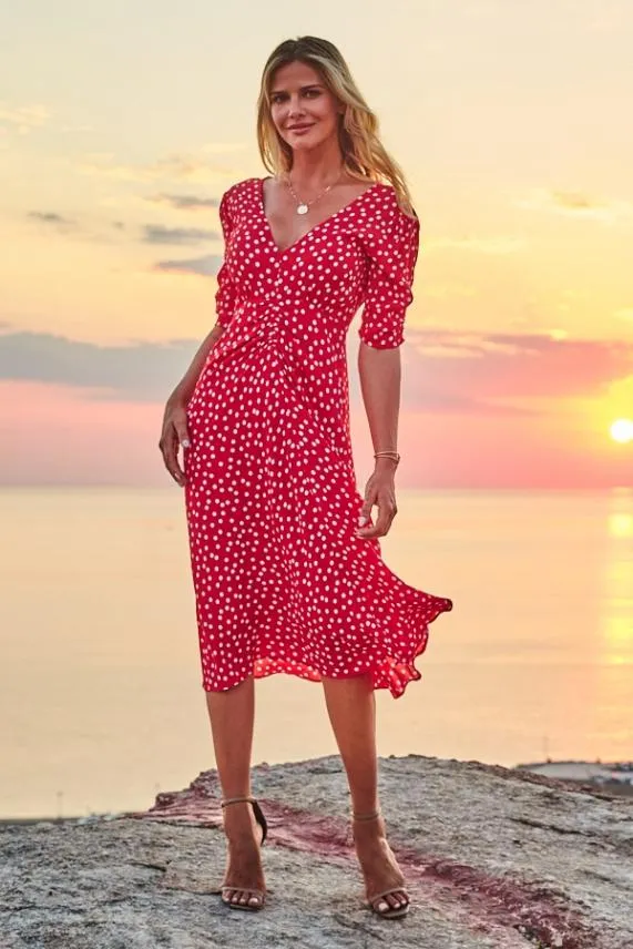 Sosandar Red and White Spot Print Ruched Front Fit and Flare Dress Red White Women Dresses