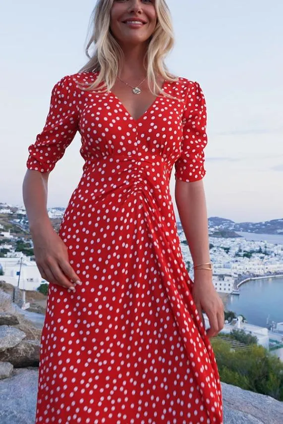 Sosandar Red and White Spot Print Ruched Front Fit and Flare Dress Red White Women Dresses