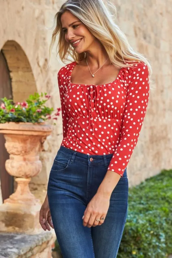 Sosandar Red and White Spot Print Ruched Neck Sleeve Top Red White Women Tops