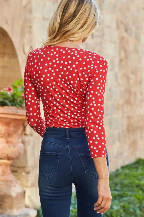 Sosandar Red and White Spot Print Ruched Neck Sleeve Top Red White Women Tops