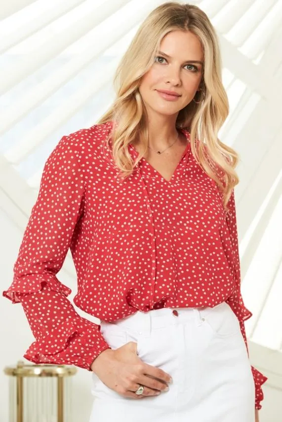 Sosandar Red and White Spot Print Ruffle Sleeve Top Red White Women Tops