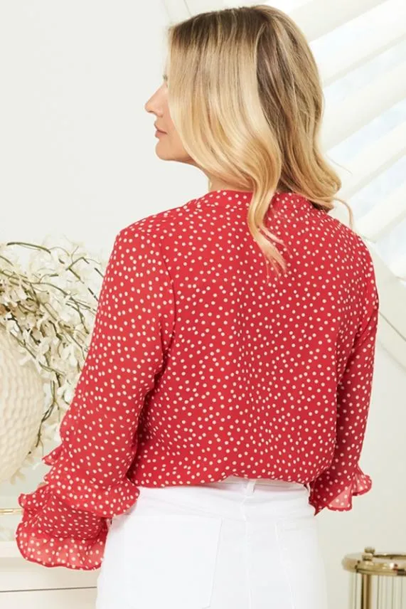 Sosandar Red and White Spot Print Ruffle Sleeve Top Red White Women Tops