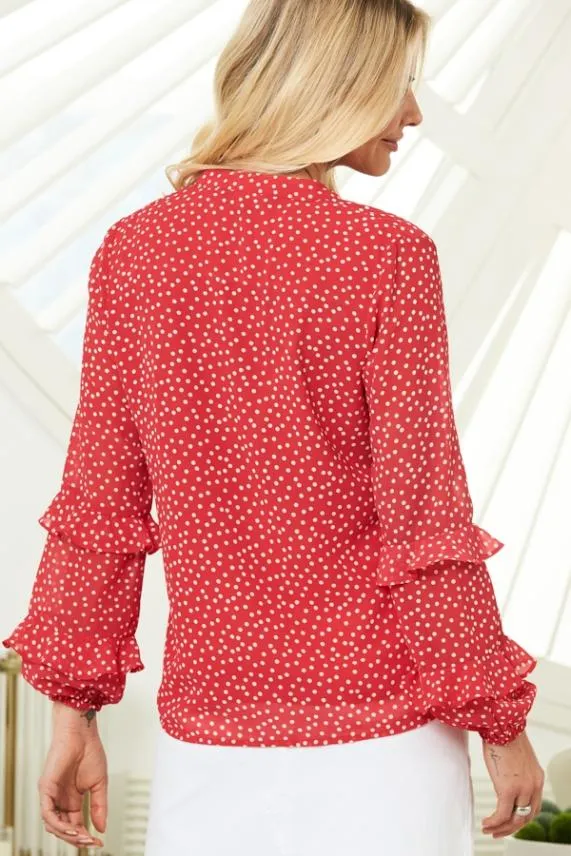 Sosandar Red and White Spot Print Ruffle Sleeve Top Red White Women Tops