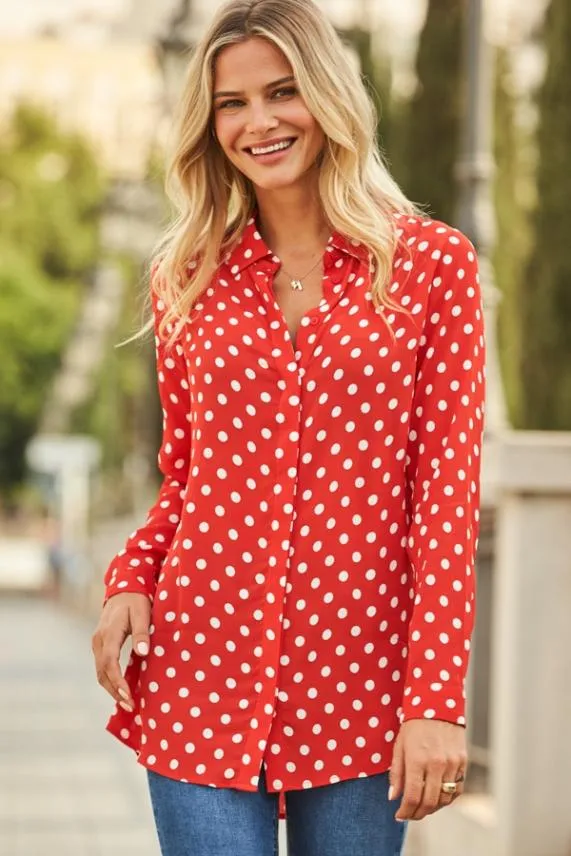 Sosandar Red and White Spot Print Shirt Red White Women Tops