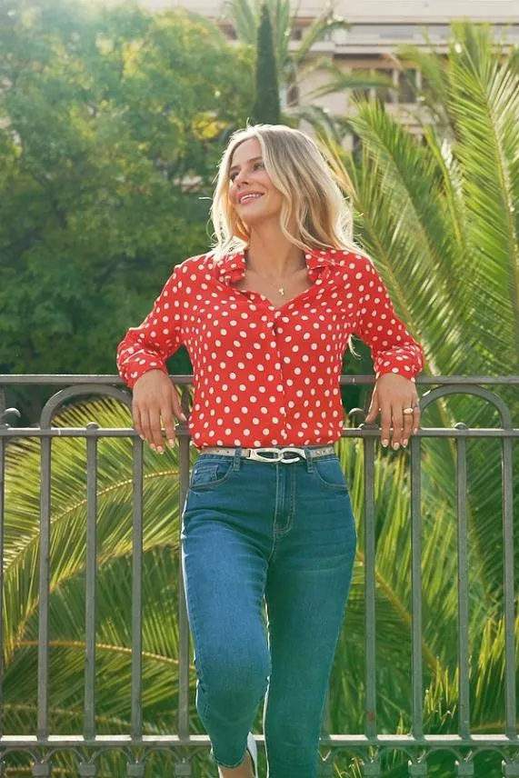 Sosandar Red and White Spot Print Shirt Red White Women Tops