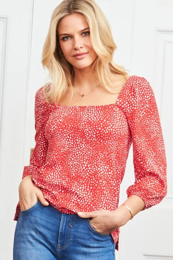 Sosandar Red Confetti Spot Print Square Neck Jersey Top Red Women Tops