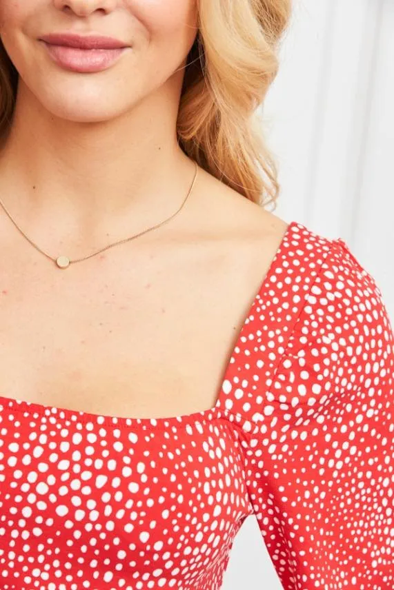 Sosandar Red Confetti Spot Print Square Neck Jersey Top Red Women Tops