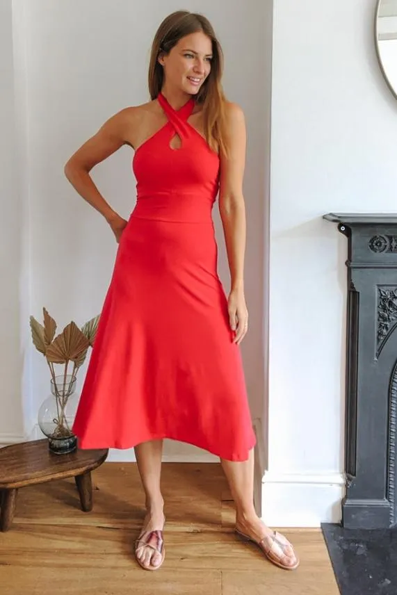 Sosandar Red Cross Front Halterneck Super Soft Jersey Dress Red Women Dresses