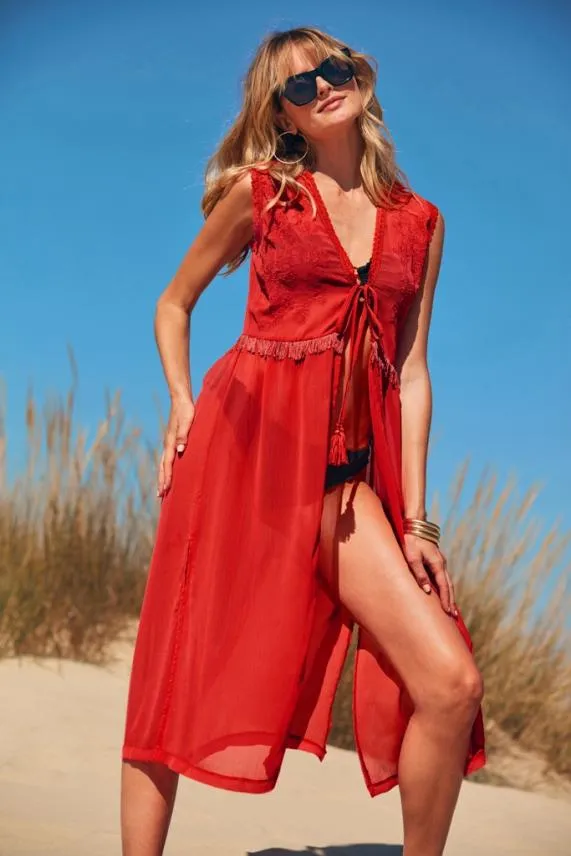 Sosandar Red Embroidery Detail Kaftan Red Women Swim and Beachwear