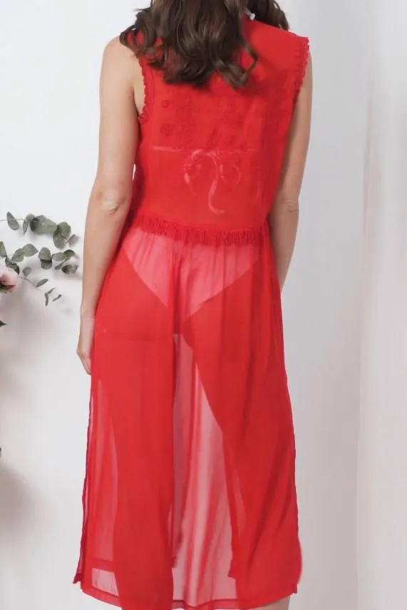 Sosandar Red Embroidery Detail Kaftan Red Women Swim and Beachwear