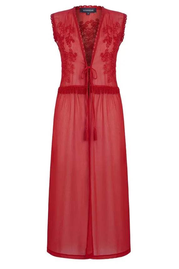 Sosandar Red Embroidery Detail Kaftan Red Women Swim and Beachwear