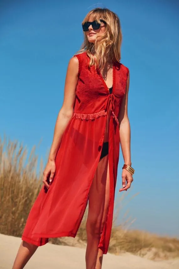 Sosandar Red Embroidery Detail Kaftan Red Women Swim and Beachwear