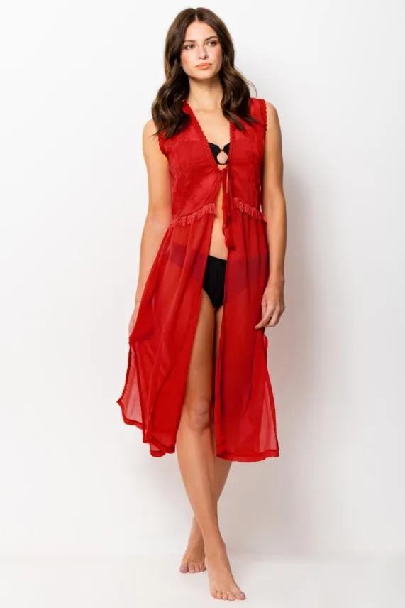 Sosandar Red Embroidery Detail Kaftan Red Women Swim and Beachwear