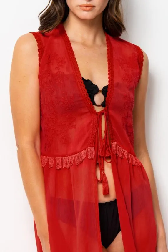 Sosandar Red Embroidery Detail Kaftan Red Women Swim and Beachwear