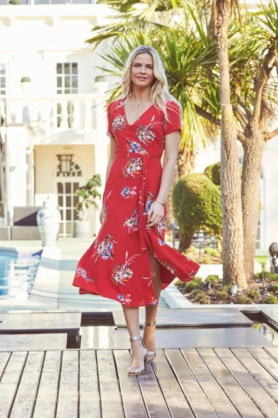 Sosandar Red Floral Print Wrap Maxi Dress Red Women Dresses